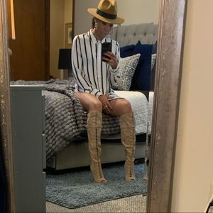 Suede Lace up knee high peep toe boots - Tan